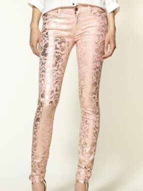7 For All Mankind Pink Metallic Floral Skinny Jeans